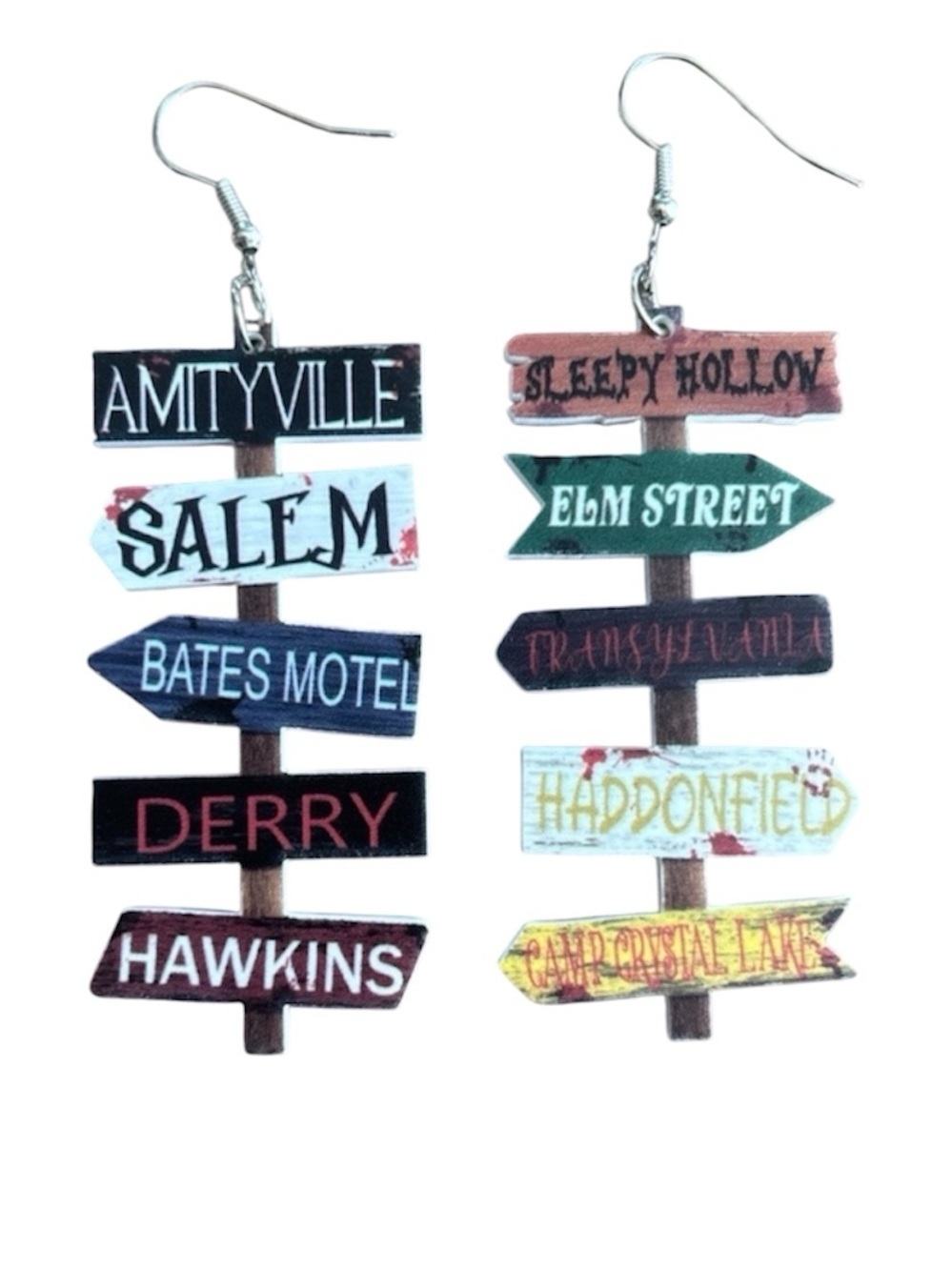 5/$25 Horror Movie Destination Dangle Earrings – Novelty Signpost Jewelry